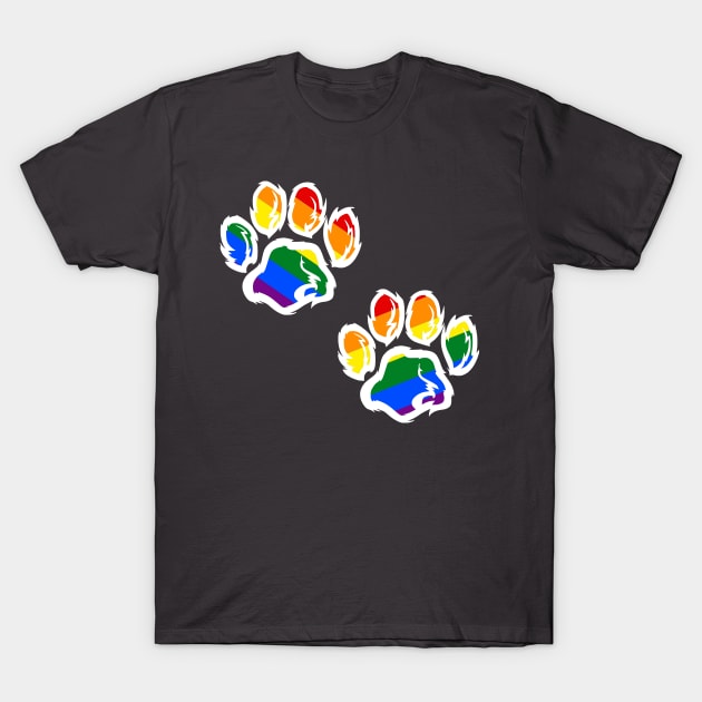 2 Furry Paw Prints in Rainbow Pride Fursuit Furson T-Shirt by Surfer Dave Designs